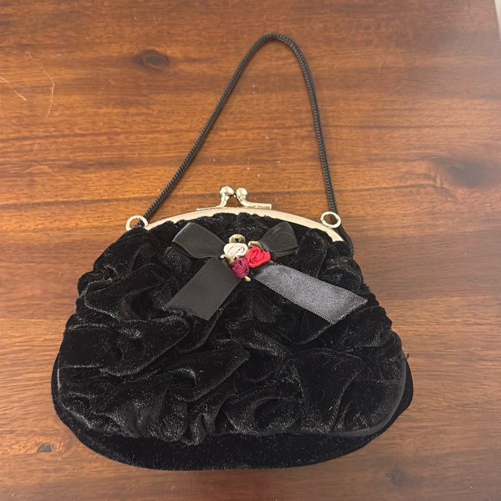 Toby NYC Small Mini Girls Velvet Black Purse With Red Pink Roses Clutch Handbag